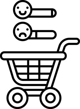 Bir alışveriş arabasının siyah beyaz görüntüsü, solunda gülen bir yüz ve sağında üzgün bir yüz.