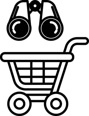 Üstünde dürbün olan bir alışveriş arabasının siyah beyaz görüntüsü.