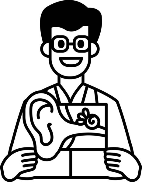 A man in a lab coat holding a picture of an ear. He is smiling and he is happy