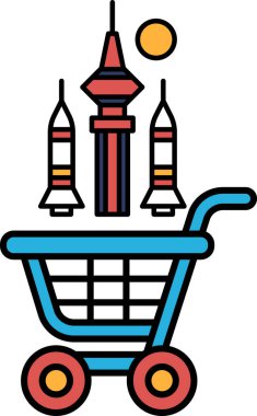 Üstünde roket olan mavi bir alışveriş arabası. Araba bir binanın önünde, tepesinde bir roket var.