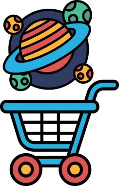 Önünde karikatür tasarımı ve renkli bir gezegen olan mavi bir alışveriş arabası. Sepet, ortasında büyük bir tane de dahil olmak üzere çeşitli renkli toplarla dolu.