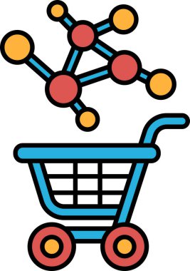 Kırmızı saplı, sarı ve turuncu küreli mavi bir alışveriş arabası. Araba moleküllerle dolu.