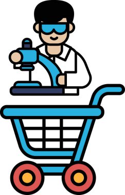 Laboratuvar önlüklü bir adam bir mikroskop tutuyor ve bir alışveriş arabasının yanında duruyor. Merakın ve bilimsel keşiflerin kavramı