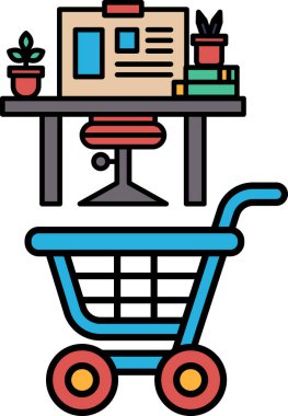 Bir bilgisayar masasının yanındaki masada mavi bir alışveriş arabası var. Masanın bir sandalyesi ve bilgisayar monitörü var. Masanın üzerinde birkaç kitap var ve masanın üzerinde bir saksı bitkisi var.