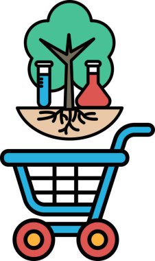 Üzerinde ağaç ve laboratuvar tezgahı olan mavi bir alışveriş arabası. Araç, bir şişe mavi sıvı, bir şişe kırmızı sıvı ve bir şişe yeşil sıvı da dahil olmak üzere çeşitli malzemelerle dolu.