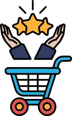 İki eli havada, üç yıldızlı mavi bir alışveriş arabası. Olumlu düşünce ve alışveriş deneyimi için takdir