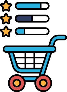 Üzerinde yıldız derecelendirme sistemi olan mavi bir alışveriş arabası. Arabanın üç yıldızı ve mavi bir alışveriş arabası var.