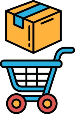 Üstünde kutu olan mavi bir alışveriş arabası. Kutu turuncu ve beyaz etiketli.