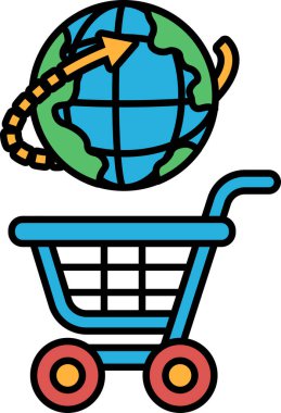 Üstünde küre olan mavi bir alışveriş arabası. Araba boş.