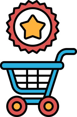 Üzerinde kırmızı yıldız olan mavi bir alışveriş arabası. Vagon boş. Alışveriş arabası bir alışveriş sembolü ve yıldız da başarının sembolü.