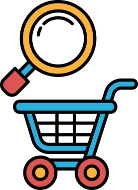 Üstünde büyüteç olan mavi bir alışveriş arabası. Vagon boş. Büyüteç sarı ve kırmızı.