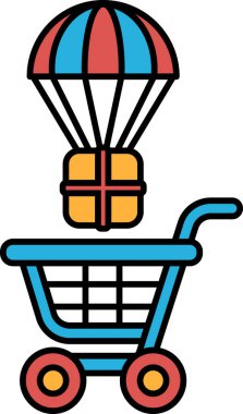 Üstünde kırmızı ve mavi bir şemsiye olan mavi bir alışveriş arabası. Şemsiye açık ve araba boş.