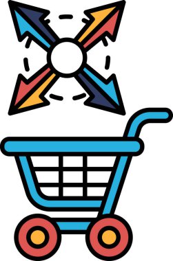 Mavi saplı ve mavi sepetli bir alışveriş arabası. Araba farklı yönleri gösteren oklarla çevrili.