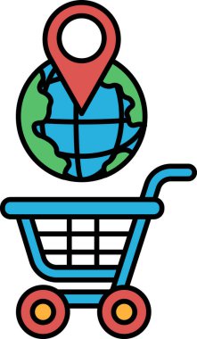 Üzerinde dünya haritası olan bir araba. Araba mavi ve kırmızı saplı.