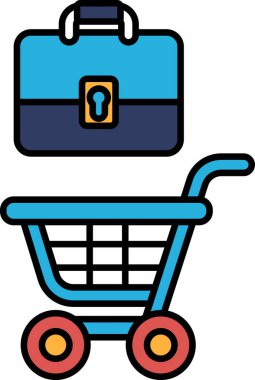 Üstünde mavi bir evrak çantası olan mavi bir alışveriş arabası. Evrak çantası açık ve sapı görünür durumda.