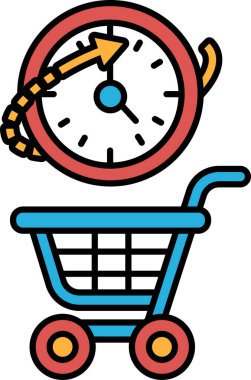Üzerinde saat olan bir alışveriş arabası saat 10: 00 'u gösteriyor. Araba ilerliyor, zaman geçiyor ve alışveriş deneyimi devam ediyor.