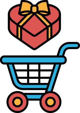 Üstünde kırmızı kutu olan mavi bir alışveriş arabası. Kutu bir kalp şeklinde ve üzerinde kırmızı bir fiyonk var.