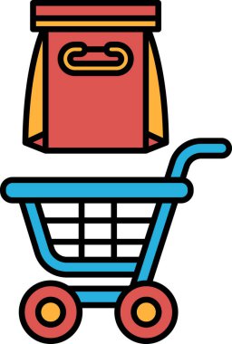 Üstünde kırmızı bir çanta olan mavi bir alışveriş arabası. Araç boş ve bakkaliye ile doldurulmaya hazır.