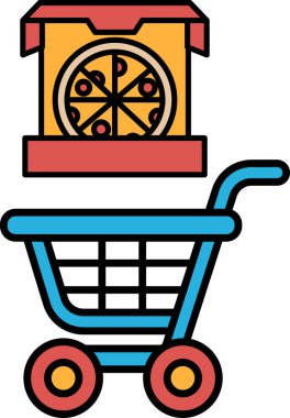 Üstünde pizza kutusu olan mavi bir alışveriş arabası. Araba boş.