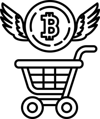 Üzerinde bozuk para ve B harfi olan bir alışveriş arabasının siyah beyaz çizimi. Para kanatlarla çevrili, görüntüye uçma ve özgürlük hissi veriyor.