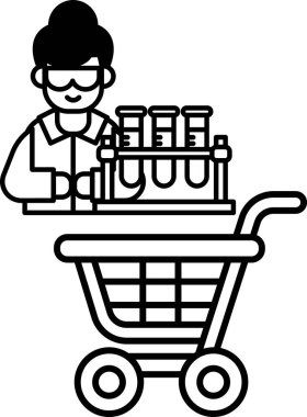 Laboratuvar önlüklü bir kadın alışveriş arabasının yanında duruyor. Elinde bir şişe var ve gözlük takıyor.