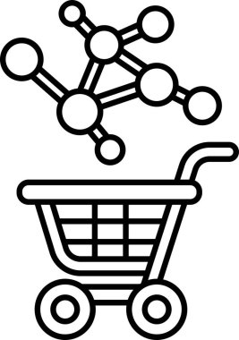 Alışveriş arabasının üstünde bir molekül olan siyah beyaz bir görüntüsü. Molekül diğer moleküllerle çevrilidir ve el arabası boştur. Alışveriş kavramı ve molekül kavramı