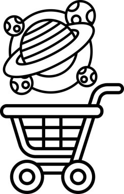 Üzerinde bir gezegen ve bir sürü top olan bir alışveriş arabasının siyah beyaz çizimi.