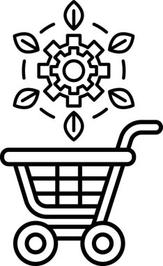 Üstünde vites olan bir alışveriş arabasının siyah beyaz görüntüsü. Mekanik bileşeni olan bir alışveriş arabası kavramı, muhtemelen taşıyıcı bant ya da tekerlek.