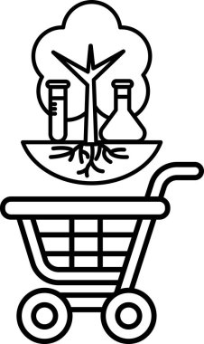 Önünde bir ağaç ve ilaç şişesi olan bir alışveriş arabasının siyah beyaz çizimi.