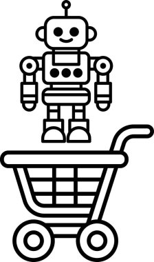 Bir robot bir alışveriş arabasının üzerinde duruyor. Robot gülümsüyor ve mutlu.