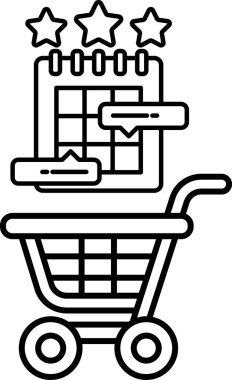 Üstünde takvim olan bir alışveriş arabasının siyah beyaz çizimi. Takvimde yıldızlar var ve alışveriş arabasında sepet var.