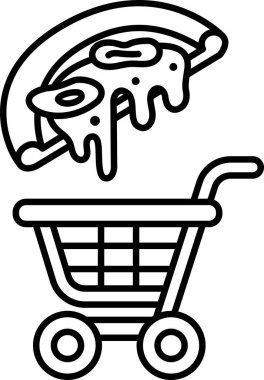 Alışveriş arabasının üstünde peynir ve sos olan siyah beyaz bir pizza çizimi. Pizza arabadan düşüyor, ve araba boş.