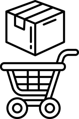 Üstünde kutu olan bir alışveriş arabasının siyah beyaz görüntüsü. Alışveriş anlayışı ve eşya taşımak için bir alışveriş arabası konsepti. Sahne basit ve basit.