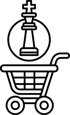 Üstünde satranç taşı olan bir alışveriş arabasının siyah beyaz görüntüsü. Kral olarak strateji ve planlama kavramı satrançtaki en önemli taştır.