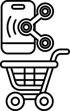 Ön planda cep telefonu olan bir alışveriş arabasının siyah beyaz görüntüsü. Alışveriş ve teknoloji kavramı