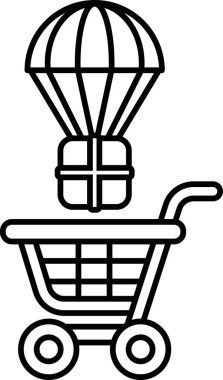 Üstünde balon olan bir alışveriş arabasının siyah beyaz çizimi. Balon bir ağ ile çevrilidir ve araba kutularla doludur. Heyecan ve macera kavramı