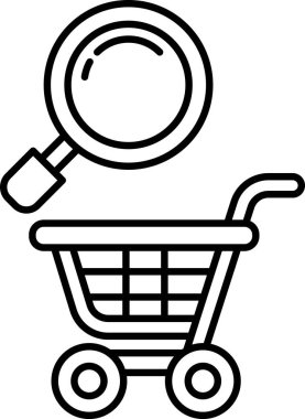 Üstünde büyüteç olan bir alışveriş arabasının siyah beyaz görüntüsü. Alışveriş yaparken bir şey arama kavramı