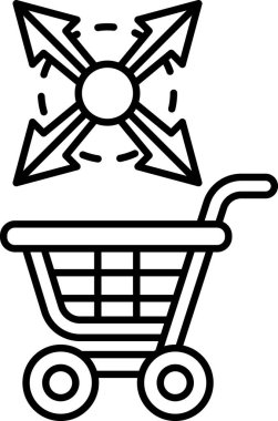 Siyah bir arka planı ve onu gösteren okları olan bir alışveriş arabası. Oklar farklı yönleri gösteriyor, kaos ve karmaşa hissi yaratıyor.