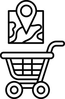 Etrafı haritayla çevrili bir alışveriş arabası. Araba siyah beyaz.