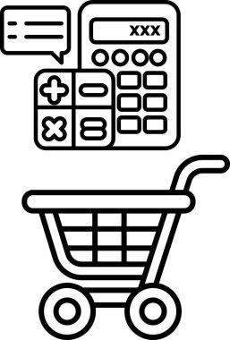 Bir hesap makinesi ve alışveriş arabası siyah beyaz bir resimde gösterilir. Hesap makinesi görüntünün sol tarafında, alışveriş arabası da sağ tarafında.