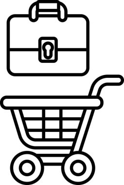 Üstünde evrak çantası olan bir alışveriş arabasının siyah beyaz görüntüsü. Evrak çantası açık ve sapı görünür durumda. Profesyonellik ve organizasyon kavramı