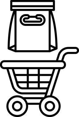 Bir alışveriş arabası ve bir çantanın siyah beyaz görüntüsü. Alışveriş arabası boş ve çanta açık.