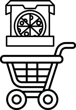 Pizza kutusu ve alışveriş arabasının siyah beyaz görüntüsü. Pizza kutusu görüntünün sol tarafında ve alışveriş arabası da sağ tarafta.