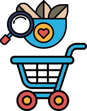 Üzerinde büyüteç olan mavi bir alışveriş arabası. Araba, kalp de dahil olmak üzere çeşitli eşyalarla dolu.