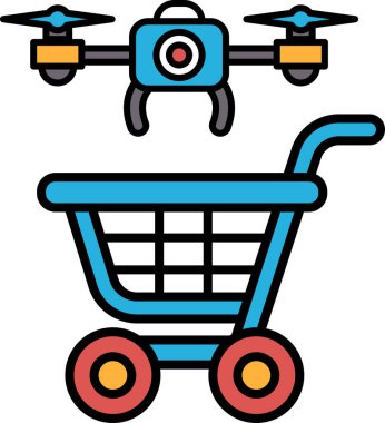 Bir İHA bir alışveriş arabasının üzerinde süzülüyor. İHA mavi ve sarıdır. Alışveriş arabası mavi ve siyah saplı.