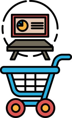 Masası ve bilgisayar monitörü olan mavi bir alışveriş arabası gösteriliyor. Vagon boş ve monitör kapalı. Basitlik ve minimalizm kavramı