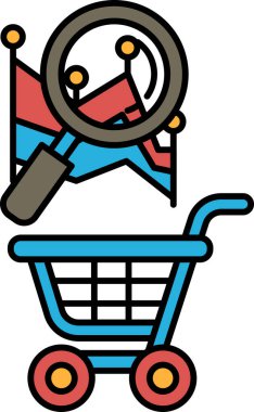 Üzerinde büyüteç olan mavi bir alışveriş arabası. Araba bir bayrak ve grafikle çevrili.