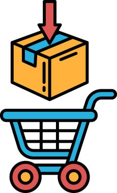 Alışveriş arabasından bir kutu çıkarılıyor. Araba mavi ve kırmızı tekerleği var.