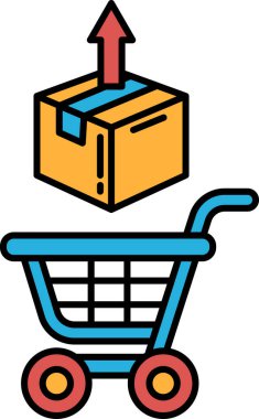 Üstünde kutu olan mavi bir alışveriş arabası. Kutu turuncu ve yukarı bakan kırmızı bir ok var.