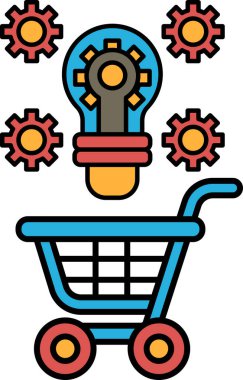 Üzerinde ampul olan mavi bir alışveriş arabası ve etrafında da bir sürü vites. Yenilik ve yaratıcılık kavramı